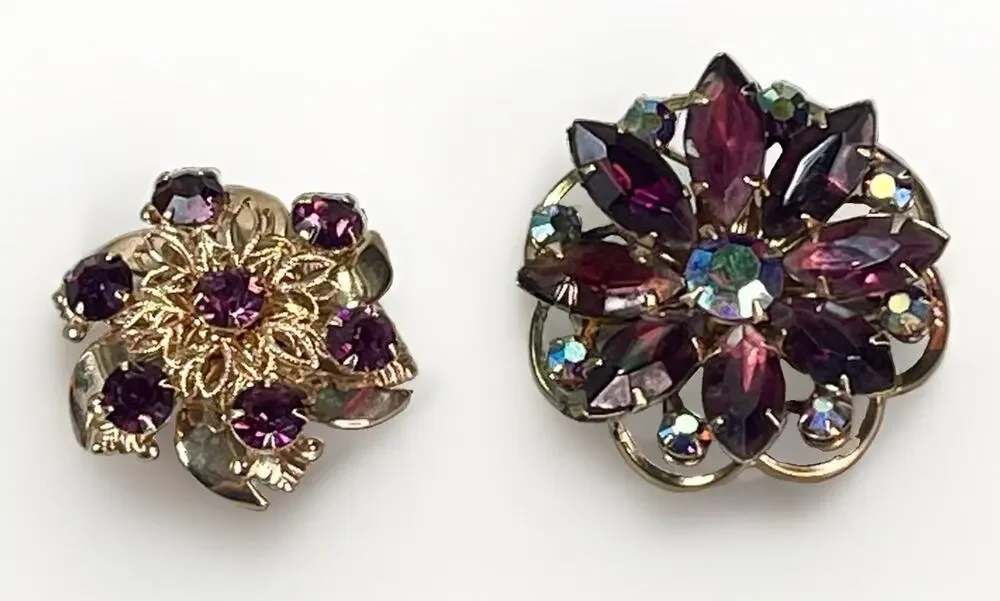 VTG Purple Rhinestone Brooch Lot Gold Tone Floral Aurora Borealis Pin Set of 2